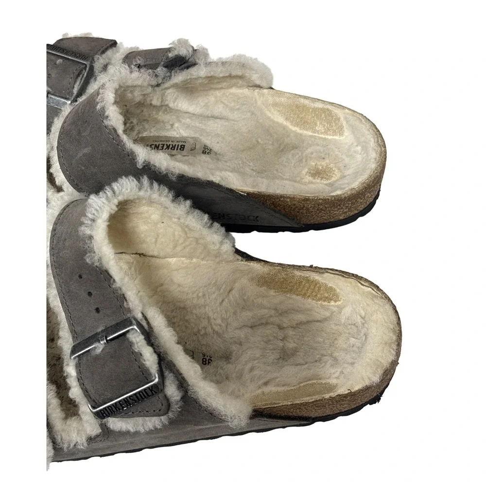 Birkenstock Arizona Shearling Sandals Womens 38 Gray Suede Double Strap Comfort